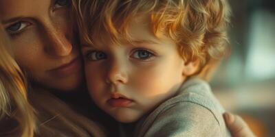 Mother embraces child in a warm moment, showcasing love and connection indoors during afternoon light photo