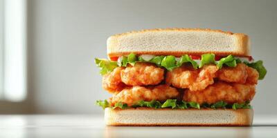 Crispy chicken sandwich with lettuce and tomato served on a white plate in a simple setting photo