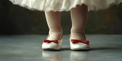 Little girl wears white dress and red shoes with bows standing on smooth surface in indoor setting with muted background photo