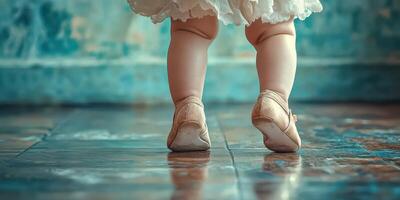 Baby feet in ballet shoes exploring a beautiful indoor space with textured flooring and vibrant background photo