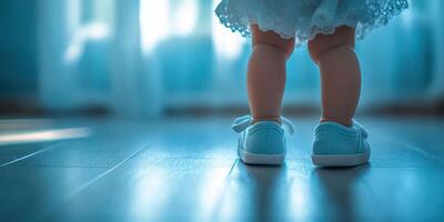 Cute doll standing with blue shoes on hardwood floor during daylight in a softly lit room photo