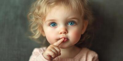 Young child with curly hair and blue eyes making a shushing gesture in a cozy indoor setting while wearing a soft sweater photo