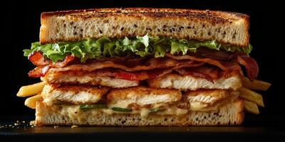 Delicious sandwich stacked high with crispy bacon, fresh lettuce, and chicken fillets served on toasted bread photo