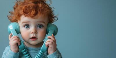 Young child with red curly hair holding a retro phone while looking curiously at the camera indoors photo