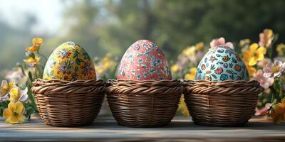 Colorful decorative eggs in wicker baskets surrounded by spring flowers outdoors in sunny daylight photo