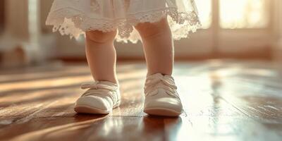Tender moment of a child's first steps in a sunlit room with a wooden floor photo