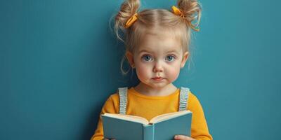 Young child reading a book with a focused expression against a vibrant blue background photo