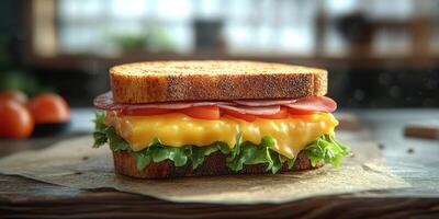 Freshly made sandwich with layers of cheese, lettuce, tomato, and ham on whole grain bread captured in a rustic kitchen photo