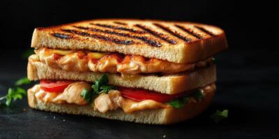 Grilled chicken sandwich with melted cheese and fresh vegetables served on toasted bread for a delicious meal photo