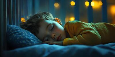 Quiet night as a young boy peacefully sleeps in a cozy room illuminated by soft ambient light photo