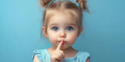 Young child with blue eyes making a shushing gesture against a light blue background photo