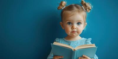 Young child with pigtails reading a book against a blue background indoors photo