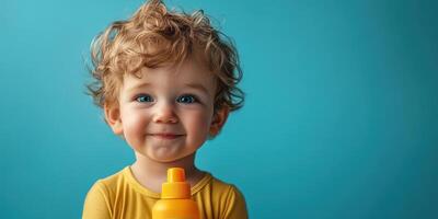 Happy toddler with curly hair smiles while holding a mustard bottle against a bright blue background photo