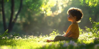 Child sits peacefully in a sunlit forest clearing surrounded by flowers during late afternoon photo
