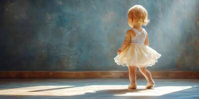 Little girl wearing a tutu ballet outfit dancing gracefully in a softly lit room photo