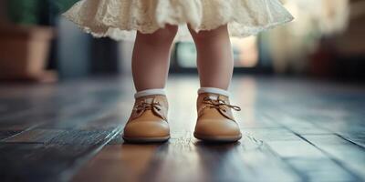 Little feet in charming shoes stand on polished wooden floor in a cozy setting during the afternoon photo