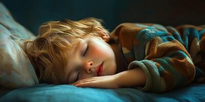 Child peacefully sleeping on a soft blue bedspread in a cozy bedroom during the afternoon photo
