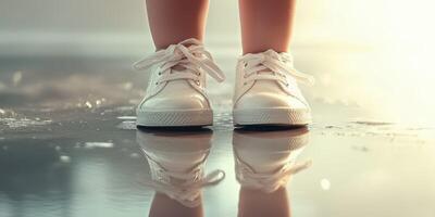 Child's white sneakers reflect on a wet surface in a soft, illuminated environment photo