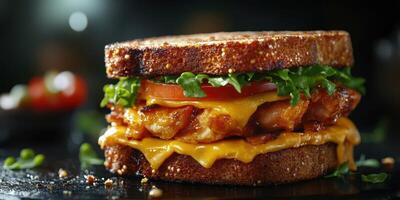 Delicious grilled sandwich featuring crispy chicken, melted cheese, and fresh vegetables served on whole grain bread photo