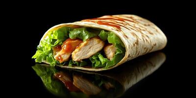 Delicious chicken wrap with fresh lettuce and savory sauce displayed on a reflective surface photo