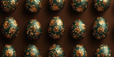 Decorative eggs arranged in a patterned display showcasing floral designs in vibrant green and gold colors photo