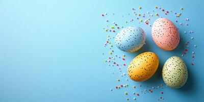Colorful decorated eggs and candy scattered on a blue background for celebrating Easter or a spring festival photo