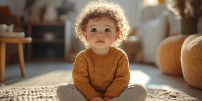 Curly-haired child dressed in cozy sweater sits on soft rug in sunlit room during morning photo