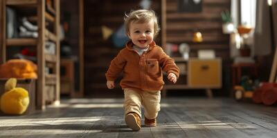 Child joyfully runs in a cozy indoor play area filled with colorful toys during daytime photo
