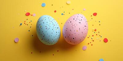 Colorful decorated eggs on a vibrant yellow background with confetti scattered around them during a festive celebration photo