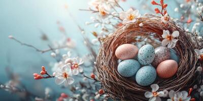 Delicate spring nest with colorful eggs surrounded by blossoming flowers in soft natural light photo