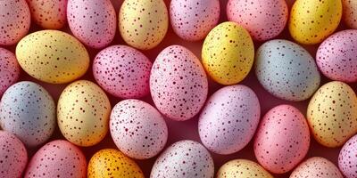 Colorful speckled eggs in pastel shades arranged together for a festive celebration during spring photo