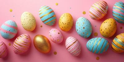 Colorful decorated Easter eggs arranged on a pink background with golden sparkles for spring celebration photo