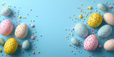 Colorful Easter eggs adorned with sprinkles arranged creatively on a blue background for festive celebrations photo