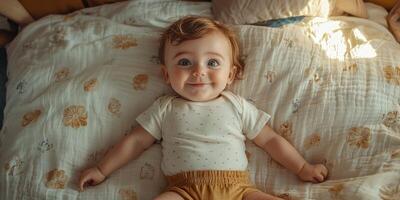 Baby smiles cheerfully while lying on bed with warm sunlight streaming in during morning hours photo