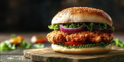 Savoring a crispy chicken sandwich with fresh vegetables on a rustic wooden table in a cozy dining setting photo