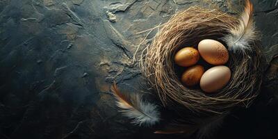 Nest with various speckled eggs resting on a textured dark surface during a peaceful morning photo