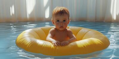 Baby enjoying playful time in yellow float in a blue pool during sunny afternoon photo