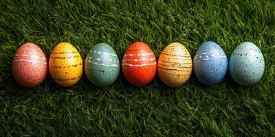 Colorful decorated eggs arranged in a row on green grass during springtime celebration photo