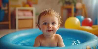 Smiling baby enjoying playtime in a blue inflatable pool indoors during a bright afternoon photo
