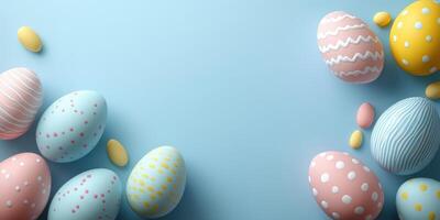Colorful Easter eggs and candy on a blue background create a festive spring atmosphere for celebration photo