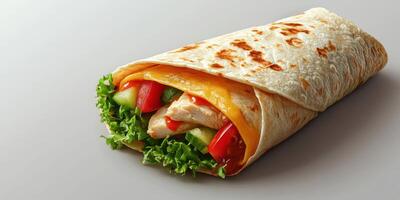 Delicious chicken wrap with fresh vegetables and cheese on a light background for a tempting meal choice photo