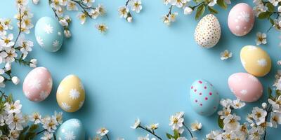 Colorful Easter eggs surrounded by blossoms on a light blue background for spring celebration photo