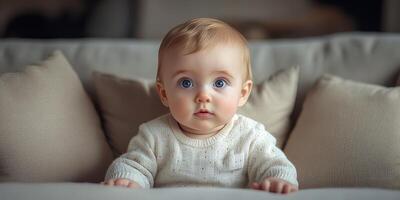 Baby seated on a couch surrounded by soft pillows, looking curiously at the camera in a cozy indoor setting photo
