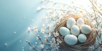 Nest with speckled eggs surrounded by delicate blossoms in a serene setting during springtime photo