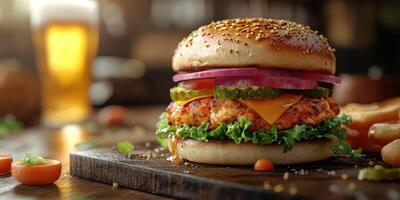 Delicious chicken burger served with fresh lettuce, cheese, and pickles in a cozy setting photo