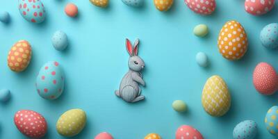 Colorful Easter eggs and a bunny figure arranged on a bright blue surface for a festive celebration photo