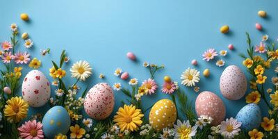 Colorful Easter eggs surrounded by fresh flowers on a light blue background celebrating spring festivities photo