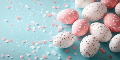 Colorful speckled eggs arranged on a blue background with scattered confetti for a festive celebration photo