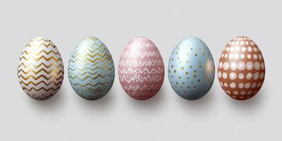 Colorful decorated eggs with various patterns displayed against a plain background for spring festivities and celebrations photo