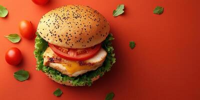 Delicious sesame bun with grilled chicken, fresh tomatoes, and crisp lettuce on a vibrant orange background photo